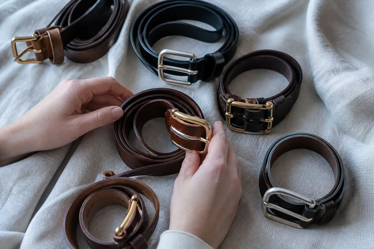 Ceintures en cuir enroulées aux boucles dorées et argentées posées sur un tissu de lin clair