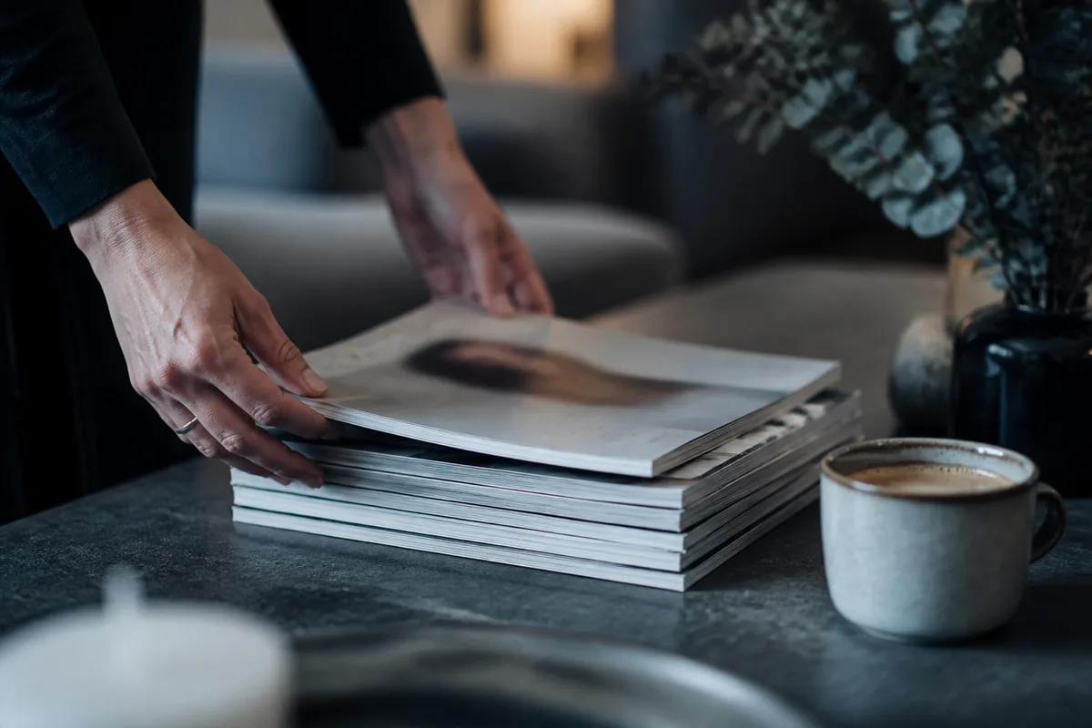 Magazines de mode fermés empilés près d&rsquo;une tasse de café, couvertures floues