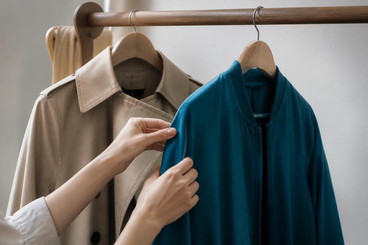Trench intemporel accroché à côté d&rsquo;une pièce colorée tendance sur un portant
