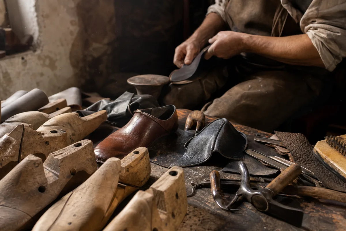 Établi de cordonnier avec formes en bois et chaussures en cuir