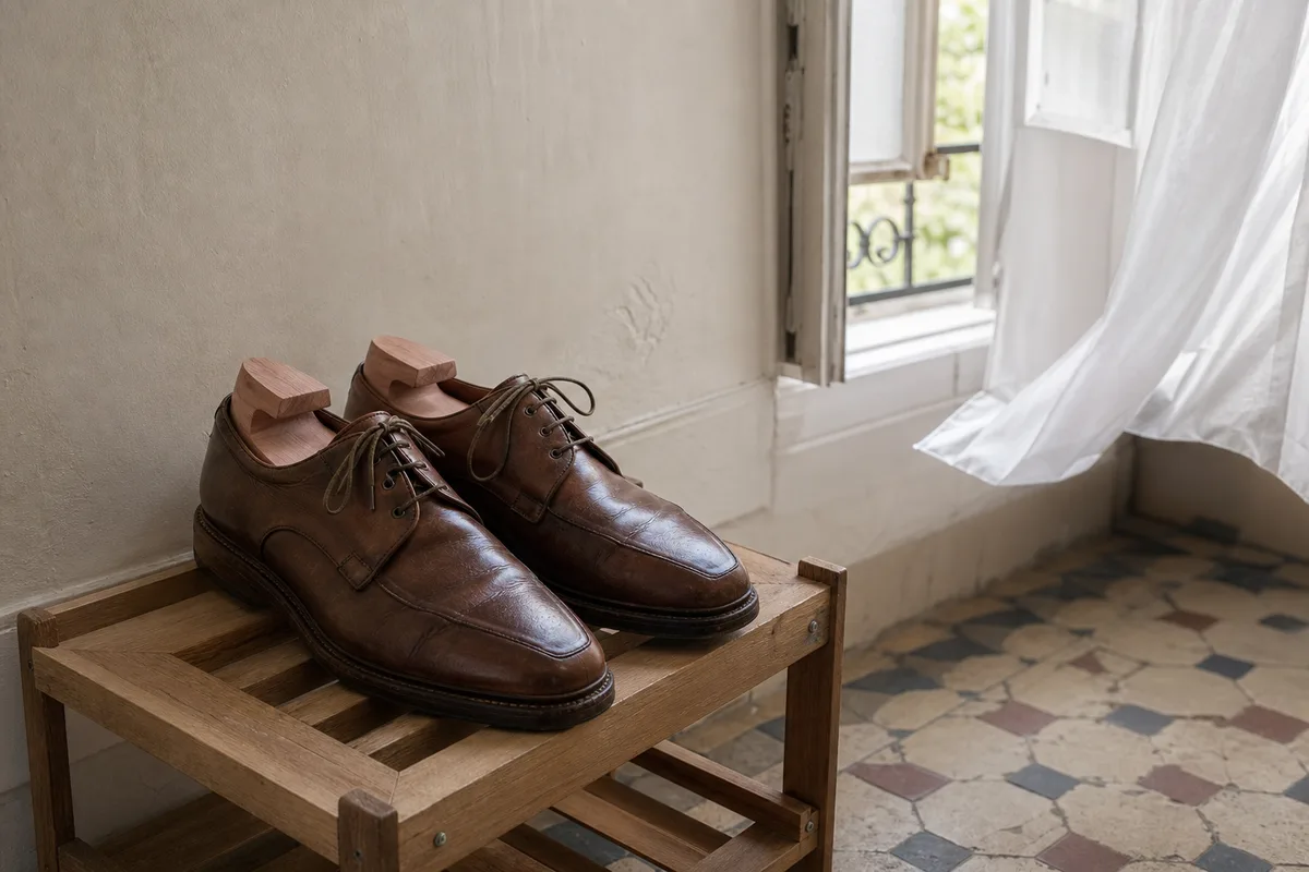 Paire de chaussures en cuir posée près d&rsquo;une fenêtre entrouverte avec embauchoirs en cèdre