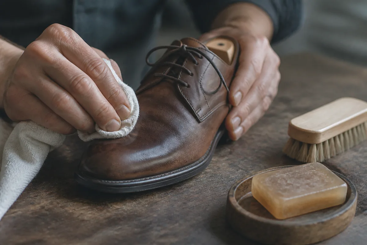 Chiffon doux, brosse en crin et savon glycériné posés près d&rsquo;une chaussure en cuir marron