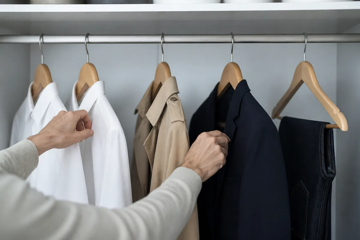 Penderie épurée avec chemises blanches, trench beige et jean brut sur cintres en bois