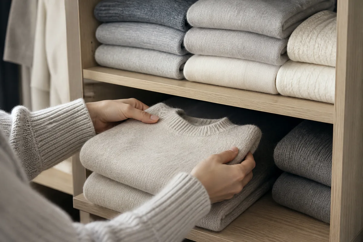Pulls en laine pliés avec soin dans une étagère, camaïeu de tons neutres