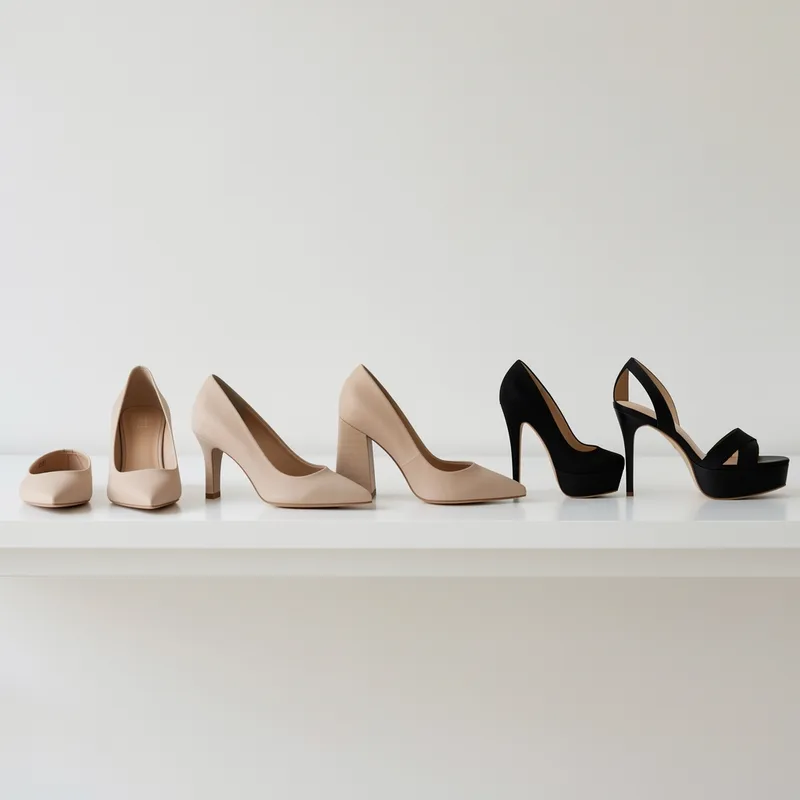 Plusieurs paires alignées montrant des talons de hauteurs et de formes différentes