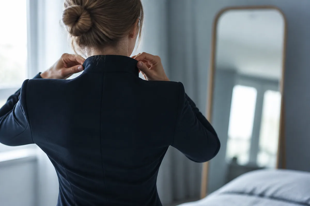 Femme de dos ajustant une veste cintrée, miroir en pied flou à l’arrière-plan