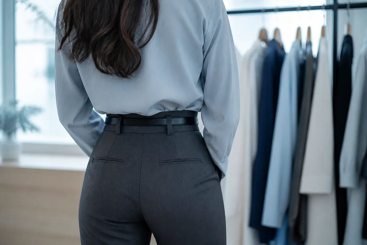 Silhouette de dos en chemise rentrée à taille marquée devant un portant de vêtements