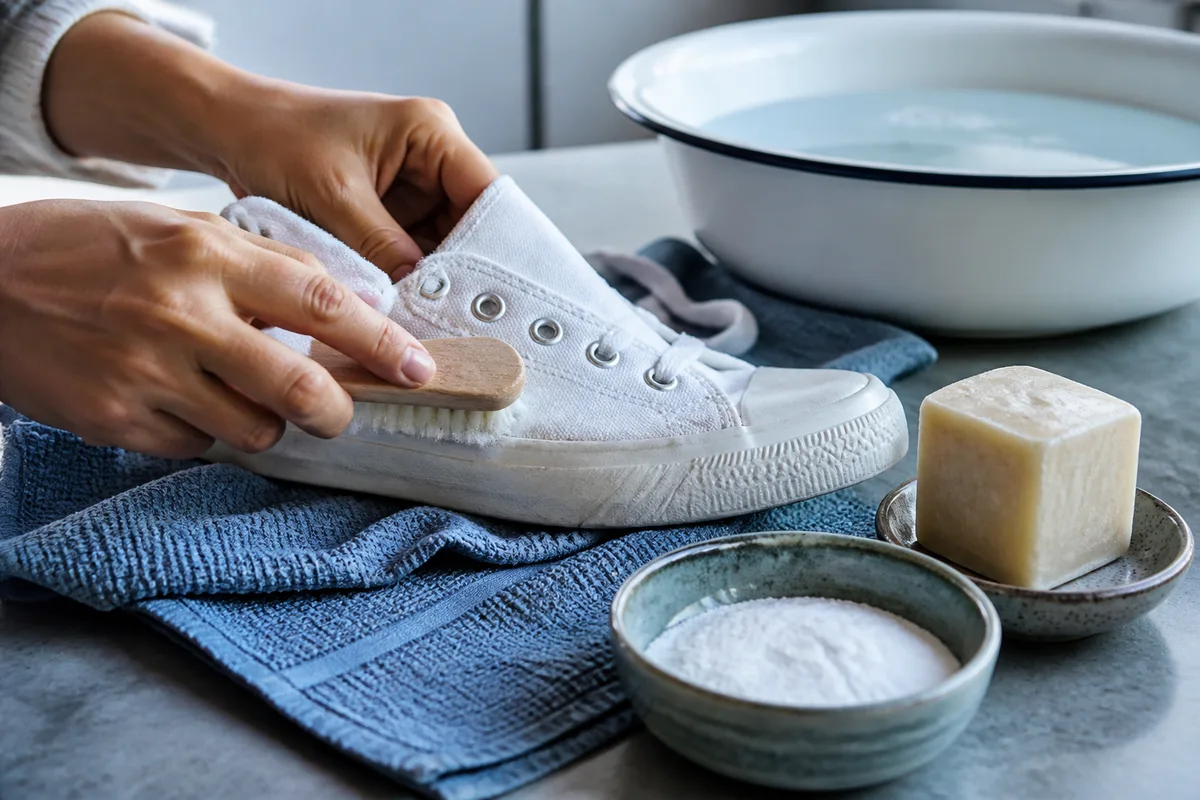 Bicarbonate, savon de Marseille et brosse souple réunis autour d&rsquo;une basket blanche