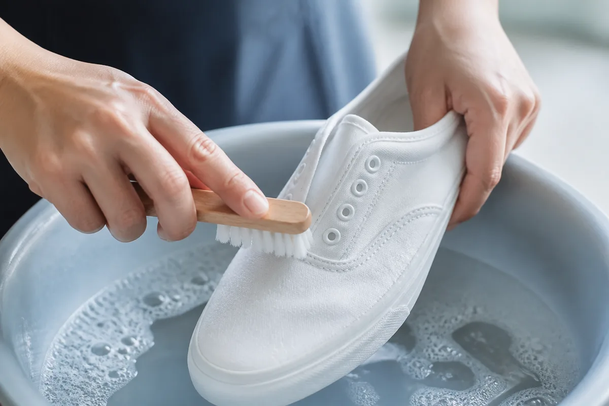 Main frottant la tige d&rsquo;une basket blanche avec une brosse souple au-dessus d&rsquo;une bassine