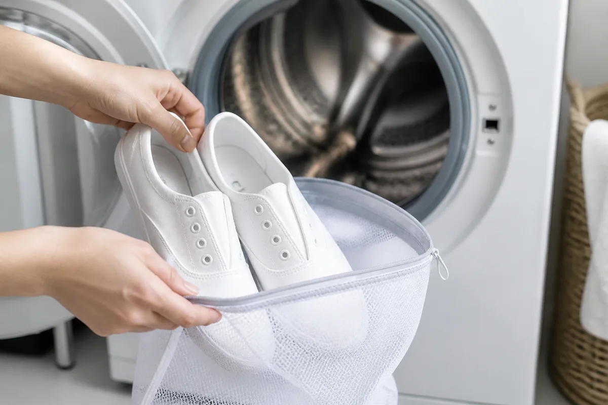 Baskets blanches glissées dans un filet de lavage devant un lave-linge ouvert