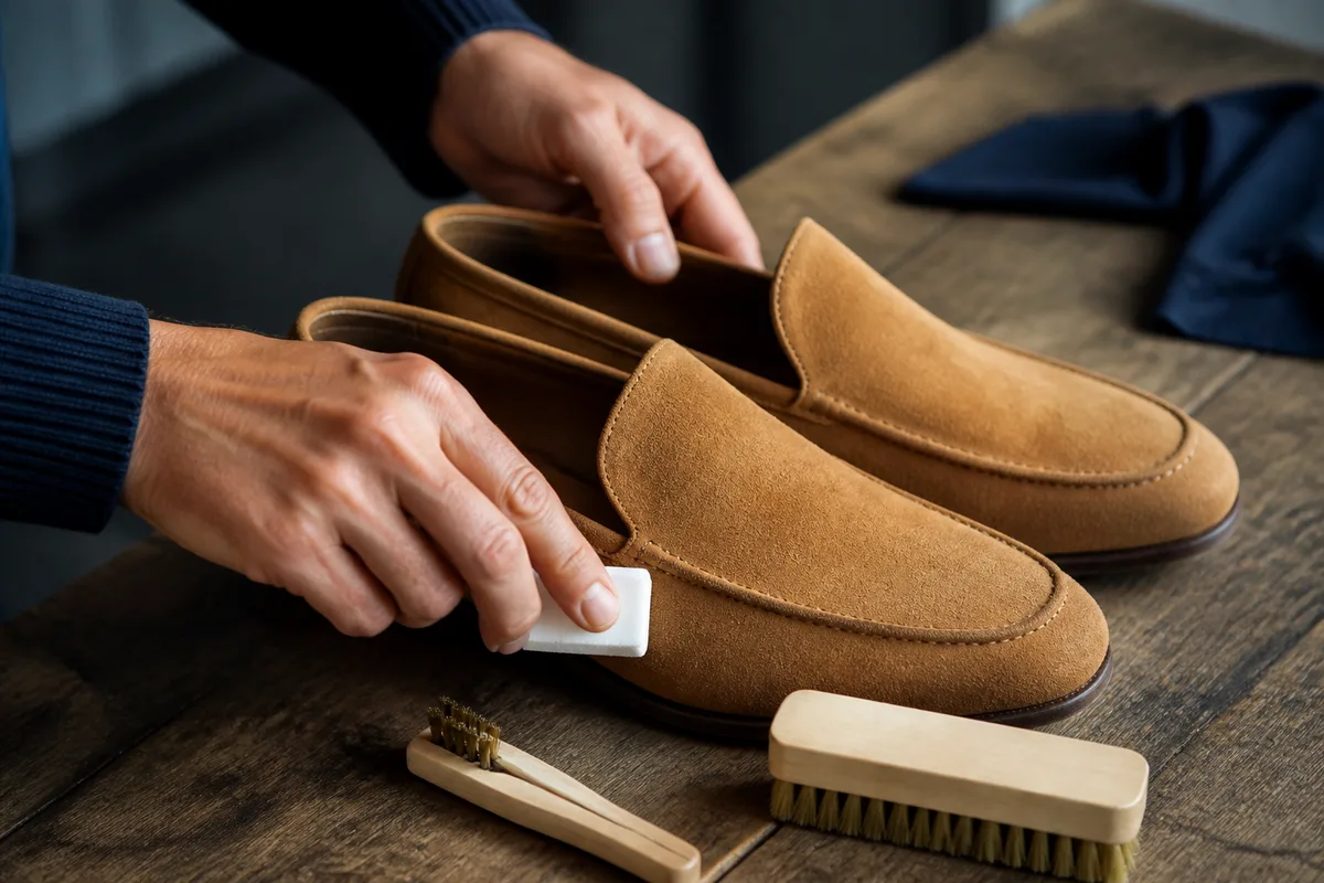 Gomme à daim et brosse en crêpe posées à côté de chaussures en daim camel