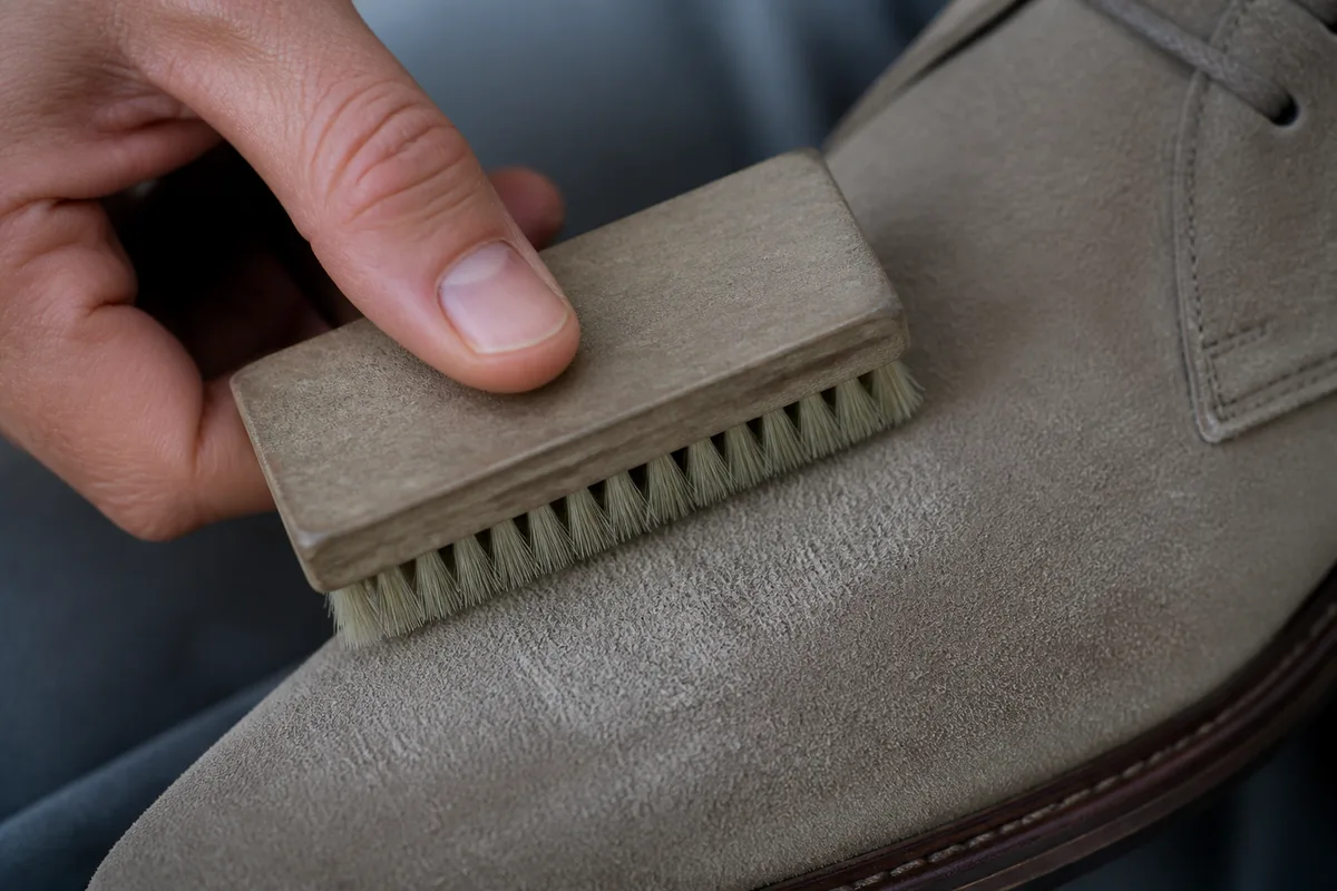 Brosse en crêpe passée sur l&rsquo;empeigne d&rsquo;une chaussure en daim, velours ravivé
