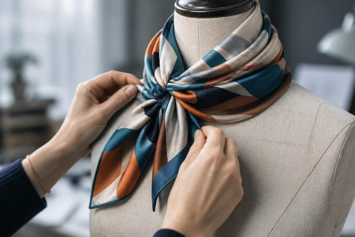 Foulard carré en soie aux motifs colorés noué souplement sur un buste de couture