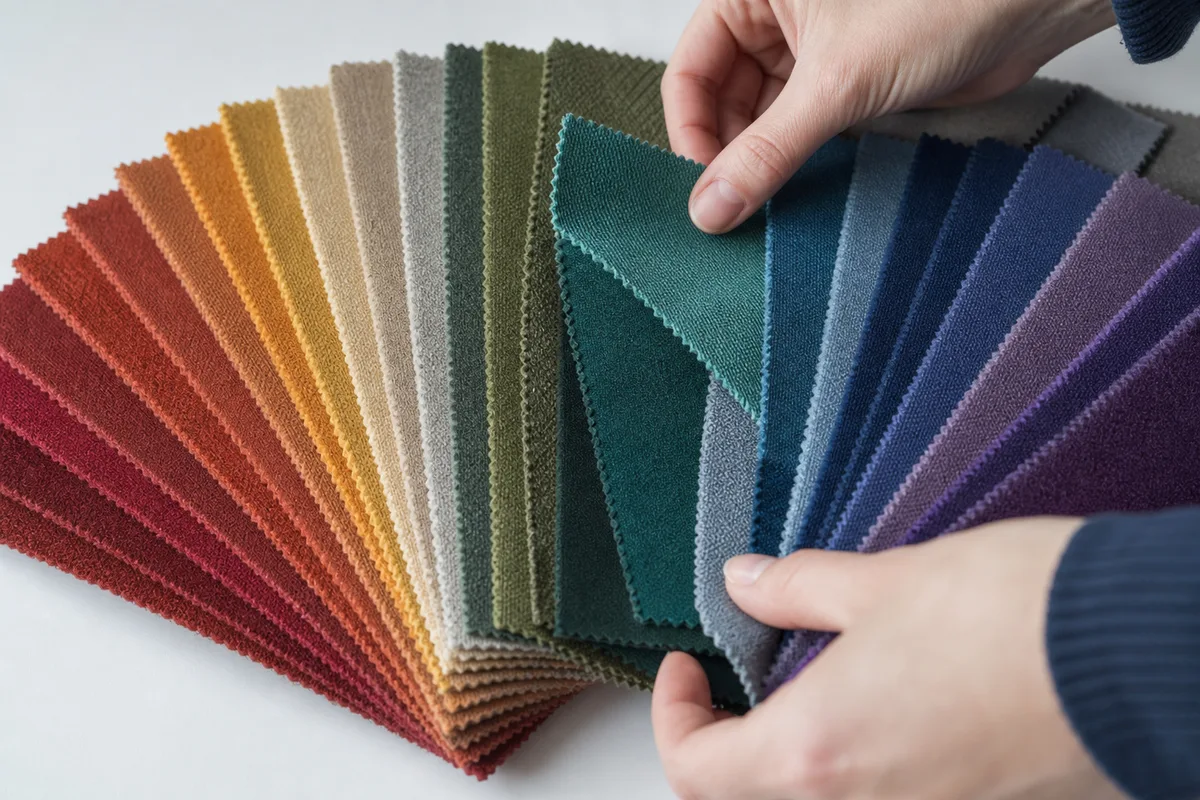 Nuancier de tissus colorés déployé en éventail sur une table