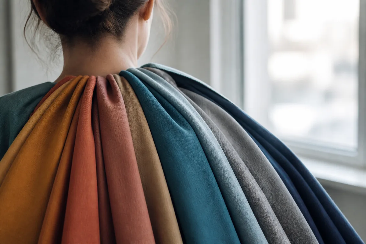 Drapés de tissus aux tons chauds et froids posés sur une épaule, personne de dos
