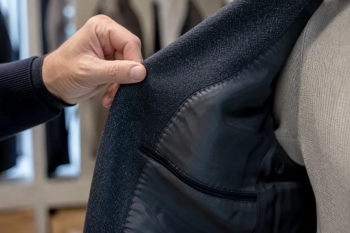 Revers d’une veste retourné montrant la doublure et les coutures, main tenant le tissu